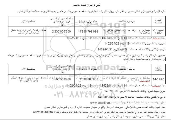 تجدید مناقصه بهسازی و ارتقا به راه اصلی...