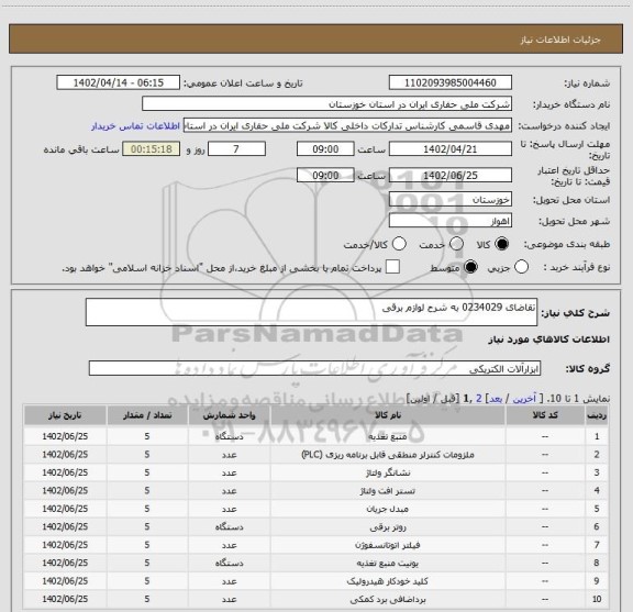 استعلام تقاضای 0234029 به شرح لوازم برقی
