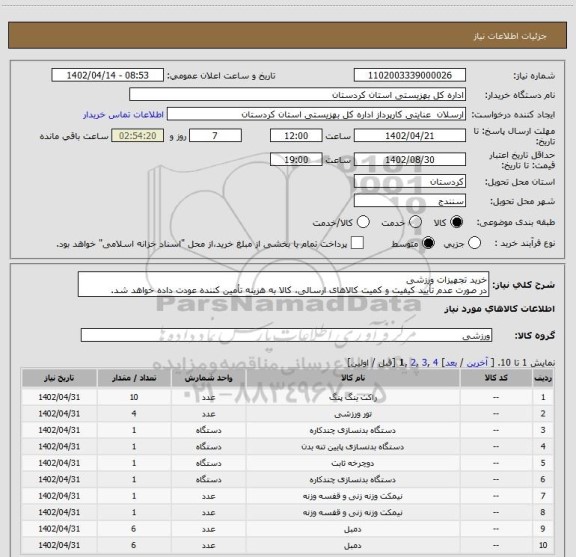 استعلام خرید تجهیزات ورزشی
در صورت عدم تأیید کیفیت و کمیت کالاهای ارسالی، کالا به هزینه تأمین کننده عودت داده خواهد شد.