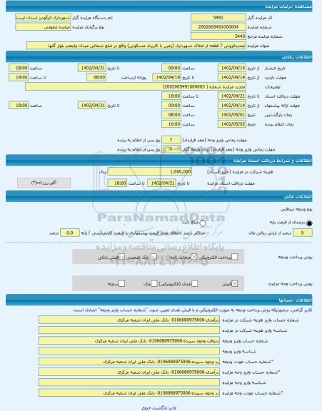 مزایده ، تجدیدفروش 7 قطعه از املاک شهرداری (زمین با کاربری مسکونی) واقع در ضلع شمالی میدان ولیعصر بلوار گلها  -مزایده زمین  - اس
