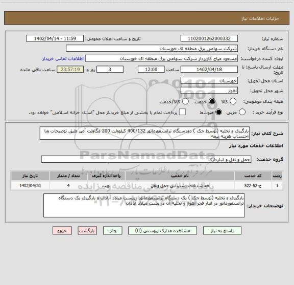 استعلام بارگبری و تخلیه (توسط جک ) دودستگاه ترانسفورماتور 400/132 کیلوولت 200 مگاولت آمپر طبق توضیحات وبا احتساب هزینه بیمه