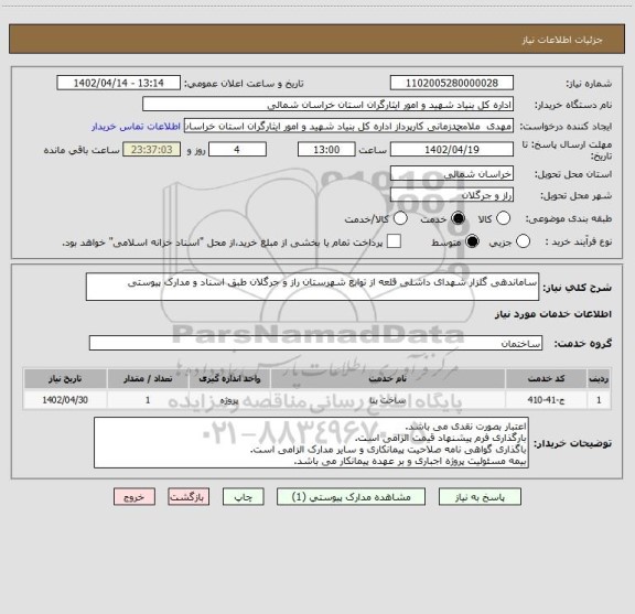 استعلام ساماندهی گلزار شهدای داشلی قلعه از توابع شهرستان راز و جرگلان طبق اسناد و مدارک پیوستی