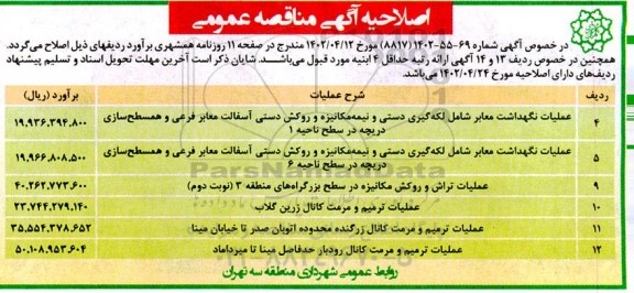 اصلاحیه مناقصه عمومی عملیات نگهداشت معابر شامل لکه گیری...