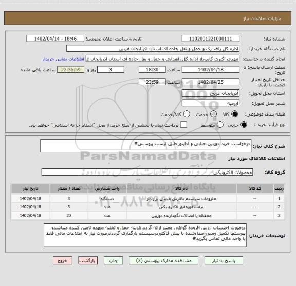 استعلام درخواست خرید دوربین،حبابی و آداپتور طبق لیست پیوستی#