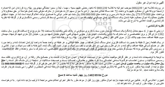 مزایده فروش 6 سهم از 6 سهم معادل (دانگ) یک دستگاه آپارتمان بدون سند با کاربری مسکونی 