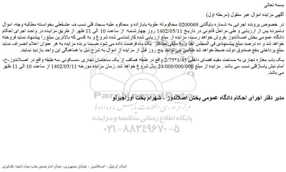 مزایده فروش یک باب مغازه تجاری به مساحت مفید فضای داخلی 3/45*2/75