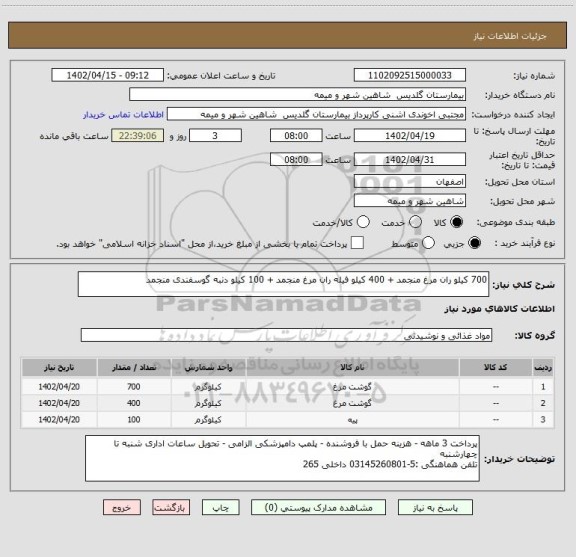 استعلام 700 کیلو ران مرغ منجمد + 400 کیلو فیله ران مرغ منجمد + 100 کیلو دنبه گوسفندی منجمد