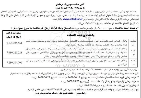 مناقصه انجام کلیه امور تعمیر ، نگهداری و راهبری تاسیسات نشر بار دوم 