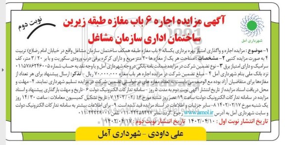 مزایده اجاره 6 با مغازه طبقه زیرزمین ساختمان اداری
