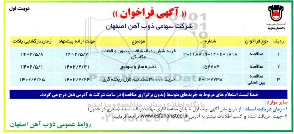 فراخوان خرید شش ردیف شافت پینیون و قطعات مکانیکی و ...