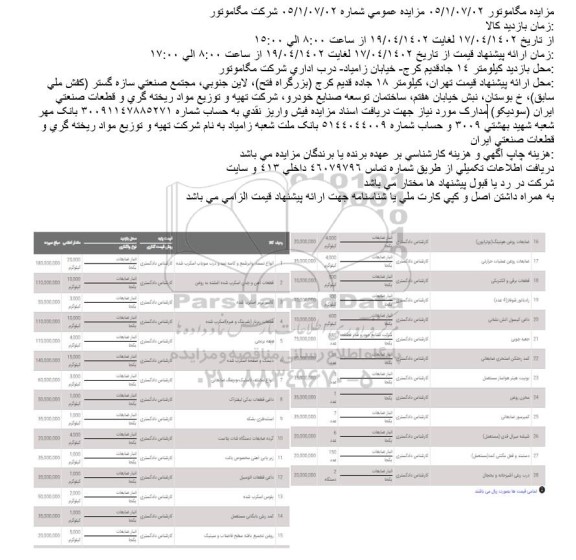 مزایده انواع تسمه، وایرشمع و کاسه نمد و درب سوپاپ اسکرپ شده و ...