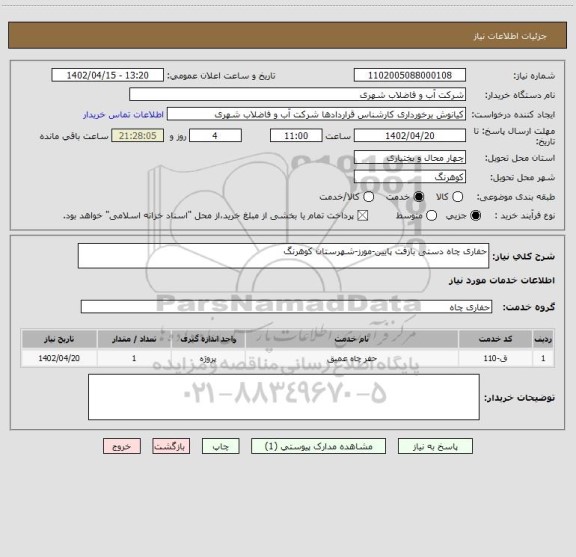 استعلام حفاری چاه دستی بازفت پایین-مورز-شهرستان کوهرنگ