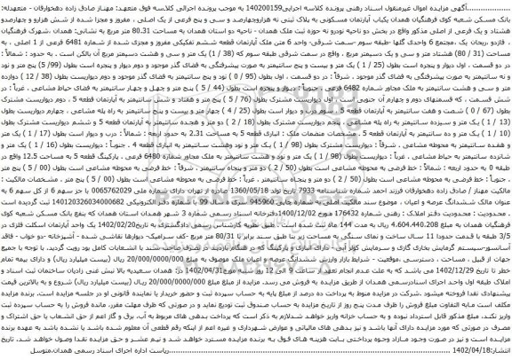 آگهی مزایده یکباب آپارتمان مسکونی به پلاک ثبتی نه هزاروچهارصد و سی و پنج فرعی از یک اصلی ، مفروز و مجزا شده از شش هزارو و چهارصدو هشتاد و یک فرعی از اصلی
