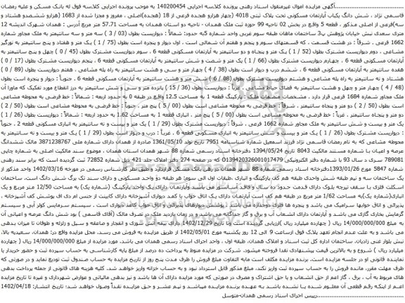 آگهی مزایده شش دانگ یکباب آپارتمان مسکونی تحت پلاک ثبتی 4018 (چهار هزارو هجده فرعی از 18 (هجده)اصلی