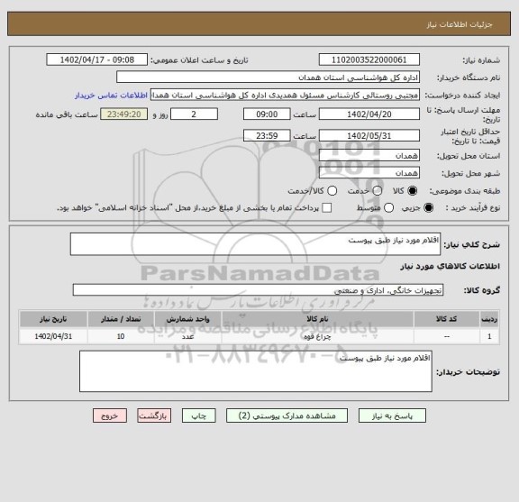 استعلام اقلام مورد نیاز طبق پیوست