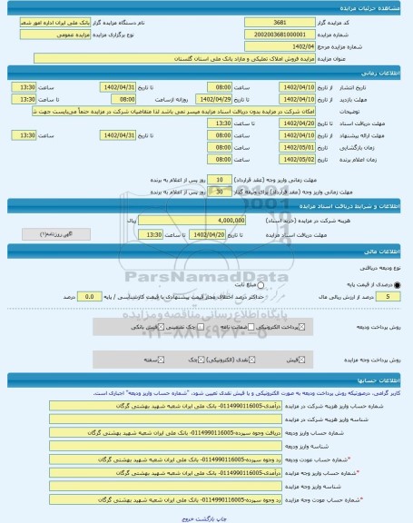 مزایده ، مزایده فروش املاک تملیکی و مازاد بانک ملی استان گلستان -مزایده زمین و سوله - استان گلستان