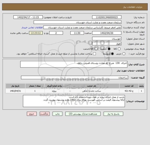 استعلام اجرای  130  متر از راه معادن روستای فصیلی دزفول