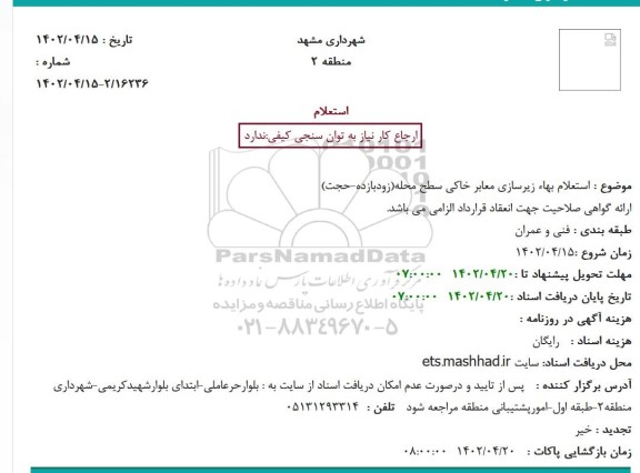 استعلام بهاء زیرسازی معابر خاکی سطح محله ...