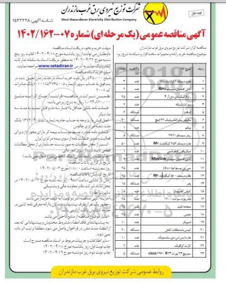 مناقصه ، مناقصه خرید تجهیزات سخت افزار رایانه ای...
