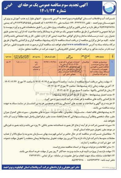 اصلاحیه مناقصه برونسپاری عملیات بهره برداری، حراست و حفاظت، تعمیرات و...تجدید سوم