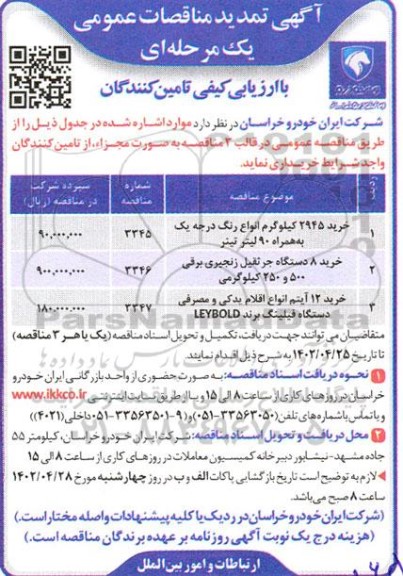 تمدید مناقصه خرید 2945 کیلوگرم انواع رنگ درجه یک ...