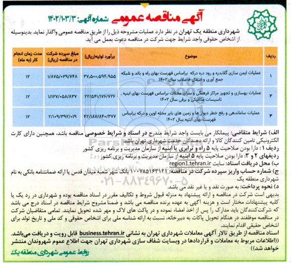 مناقصه عملیات ایمن سازی، گلابدره و ...