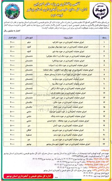 آگهی واگذاری پروژه های اجرایی عملیات آبخیزداری...نوبت دوم