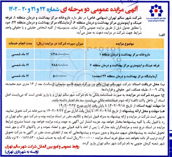 مزایده واگذاری  داروخانه مرکز بهداشت و درمان...