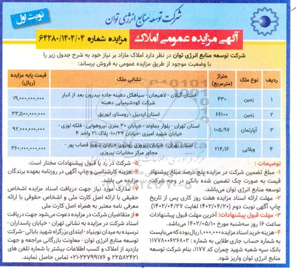 مزایده فروش املاک مازاد
