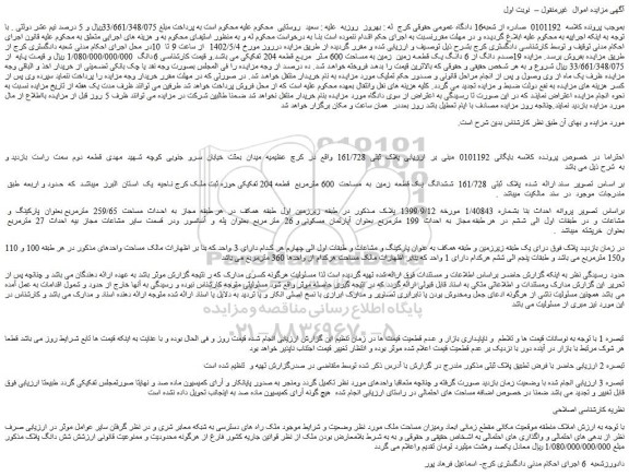 مزایده فروش ششدانگ یک قطعه زمین به مساحت 600 مترمربع قطعه 204 تفکیکی