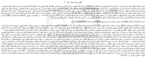مزایده فروش 470/75 سهم مشاع از 3200 سهم از ملک به شماره ثبتی 375 فرعی از یک اصلی