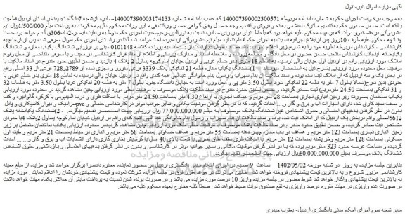 مزایده فروش ششدانگ یکباب مغازه قطعه 21 تفکیکی پلاک 3339 فرعی مفروز و مجزی شده از 2789و728 فرعی از 33 اصلی