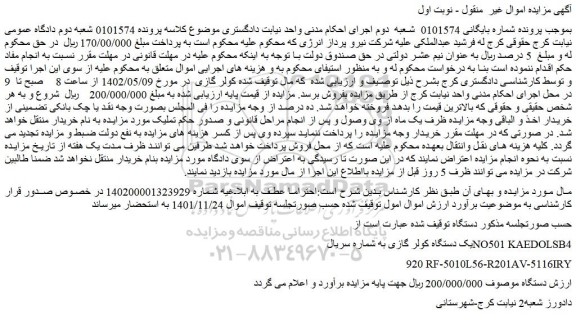 مزایده فروش یک دستگاه کولر گازی به شماره سریال  NO501 KAEDOLSB4 