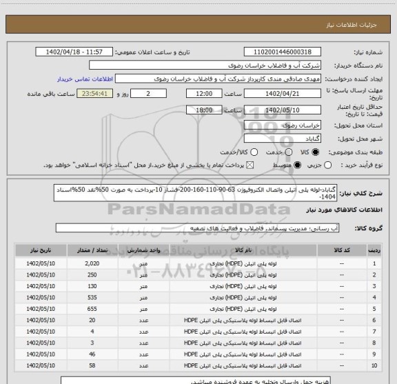 استعلام گناباد-لوله پلی اتیلن واتصال الکتروفیوژن 63-90-110-160-200-فشار 10-پرداخت به صورت 50%نقد 50%اسناد 1404-