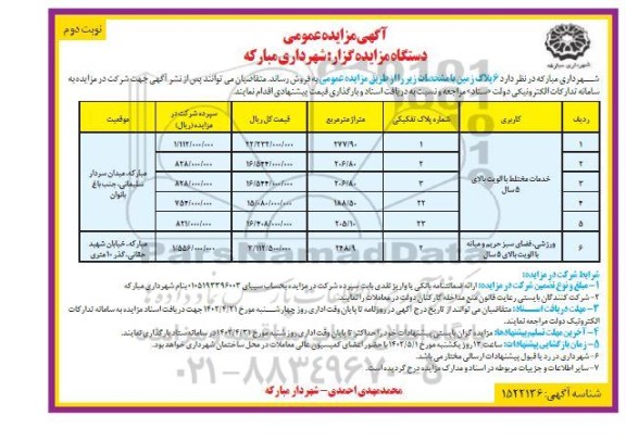 مزایده فروش 6 پلاک زمین - نوبت دوم