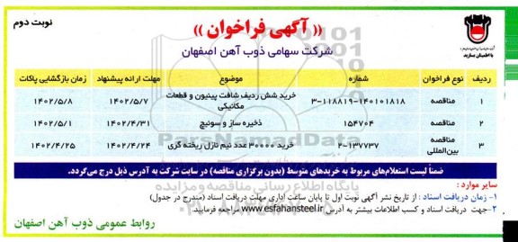 فراخوان خرید شش ردیف شافت پینیون و قطعات مکانیکی و ... ـ نوبت دوم