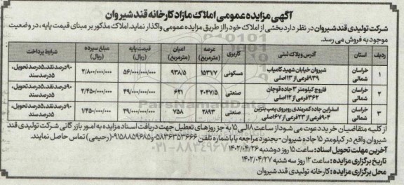 مزایده فروش سه ملک با کاربری مسکونی و صنعتی