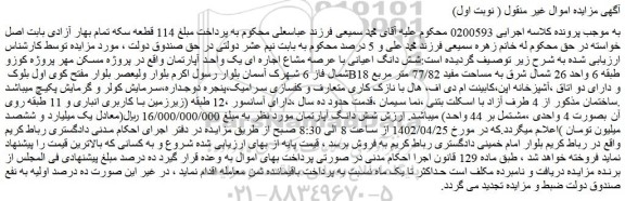 مزایده شش دانگ اعیانی با عرصه مشاع اجاره ای یک واحد آپارتمان