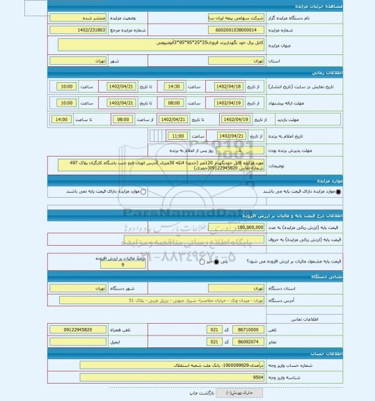مزایده ، کابل برق خود نگهداربرند فروزان25*25*95*95*3آلومنیومی