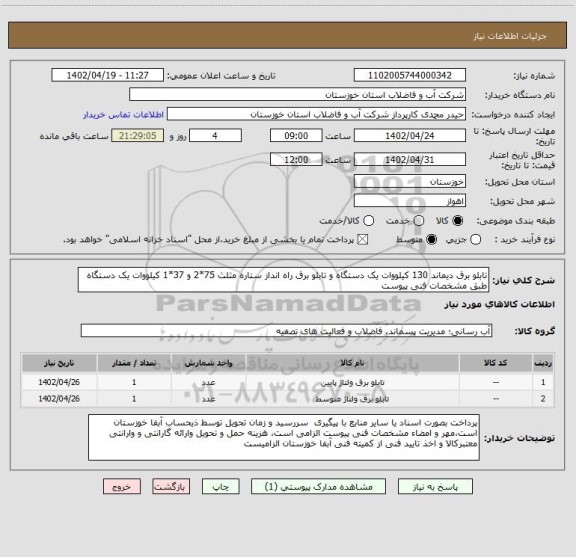 استعلام تابلو برق دیماند 130 کیلووات یک دستگاه و تابلو برق راه انداز ستاره مثلث 75*2 و 37*1 کیلووات یک دستگاه طبق مشخصات فنی پیوست