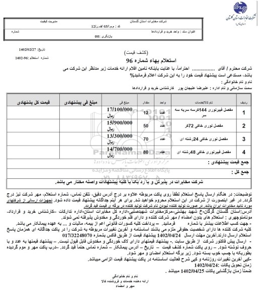 استعلام مفصل فیبرنوری 144 کرسه..