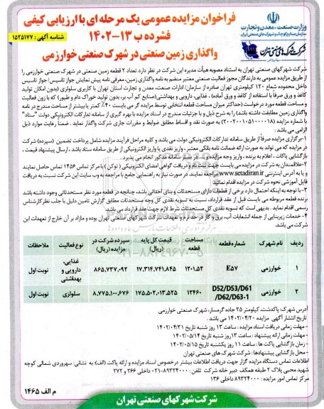 فراخوان مزایده عمومی یک مرحله ای واگذاری زمین صنعتی در شهرک صنعتی خوارزمی
