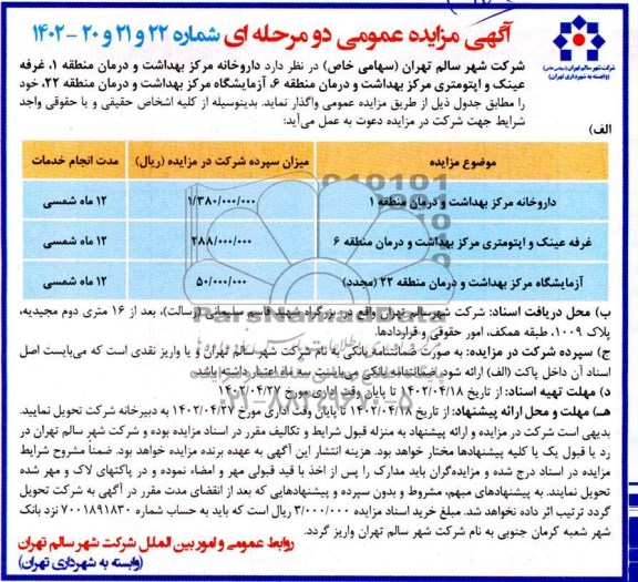 مزایده عمومی واگذاری داروخانه مرکز بهداشت و درمان منطقه 1 ...