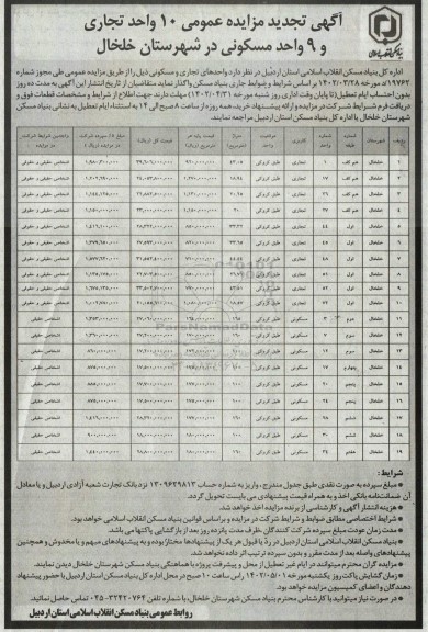 تجدید مزایده فروش 10 واحد تجاری و 9 واحد مسکونی