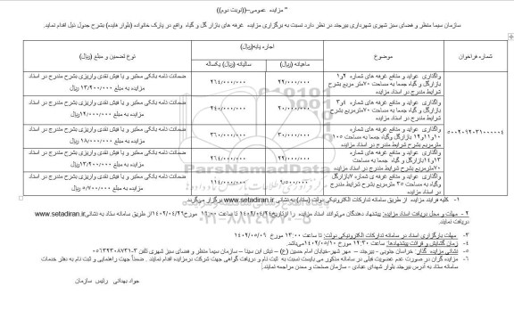 مزایده واگذاری عواید و منافع غرفه های شماره 2 و 1 بازار گل جمعا مساحت 70 مترمربع و... نوبت دوم 