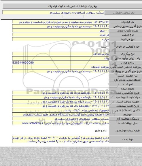 مزایده, اجاره مجتمع پرورش مرغ گوشتی و کشتارگاه صنعتی طیور شرکت سفیدرود