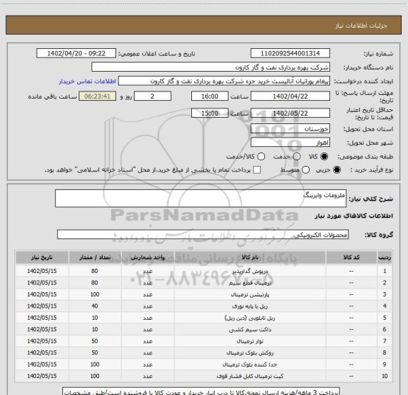 استعلام ملزومات وایرینگ