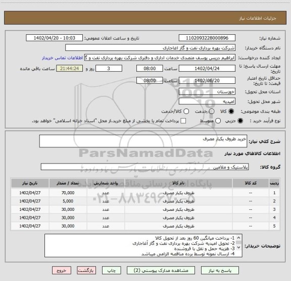 استعلام خرید ظروف یکبار مصرف