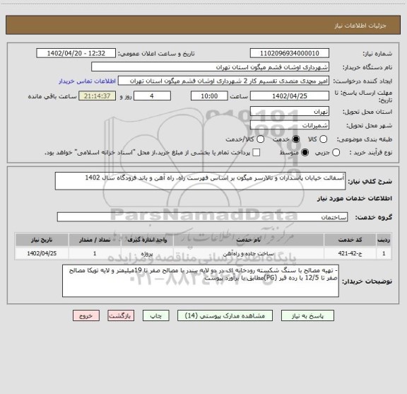 استعلام آسفالت خیابان پاسداران و تالارسر میگون بر اساس فهرست راه، راه آهن و باند فرودگاه سال 1402