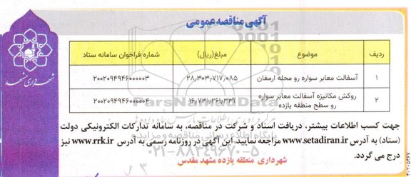 مناقصه آسفالت معابر سواره رو ....